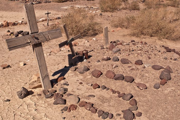 Several desert graves in the Mojave Desert in California.