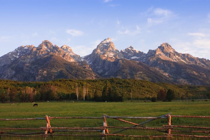 a pastoral scene on a ranch at the base of the Tetons