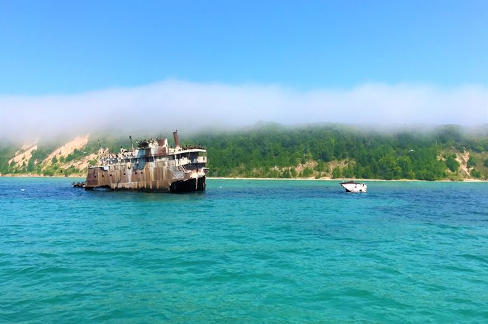 Shipwreck of the Francisco Morazan off the southern shore of South Manitou Island on Lake Michigan with a drifting over.