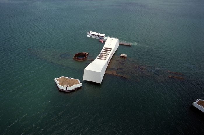 The USS ARIZONA Memorial in Pearl Harbor. The actual battleship sunk during Japanese attack on Pearl Harbor on December 7 1941 is visible directly beneath memorial. June 1 1991.