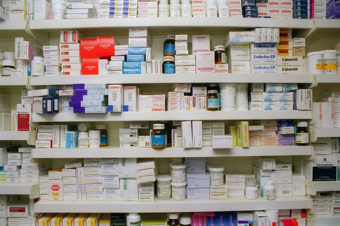 Shelves of medicines in pharmacy