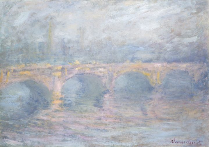Waterloo Bridge, London, at Sunset, by Claude Monet, 1904, French impressionist painting, oil on canvas. From his rooms on the sixth floor of the Savoy Hotel, he could see Waterloo Bridge, Charing Cr