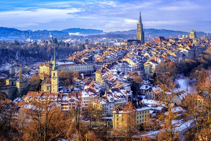 Old Town of Bern, capital of Switzerland, covered with white snow in winter