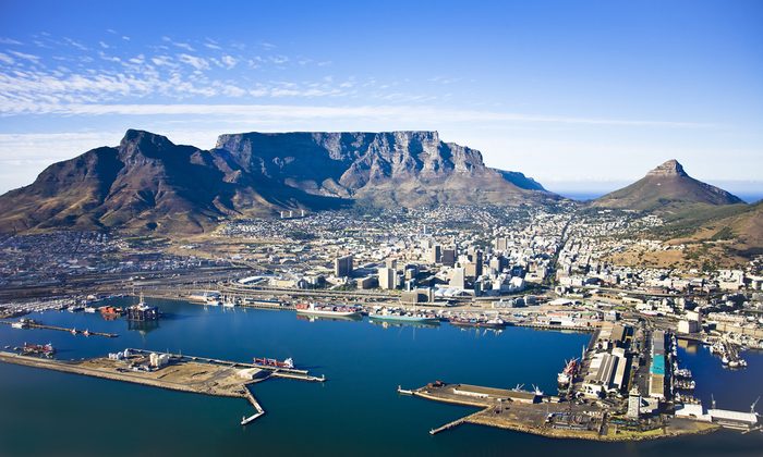 Aerial view of Cape Town city centre, with Table Mountain, Cape Town Harbour, Lion's Head and Devil's Peak