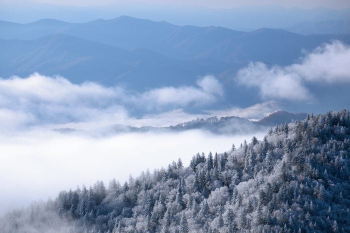 Landscape from Clingmans Dome with snow, fog, and frost, Great Smoky Mountains National Park, Tennessee, USA