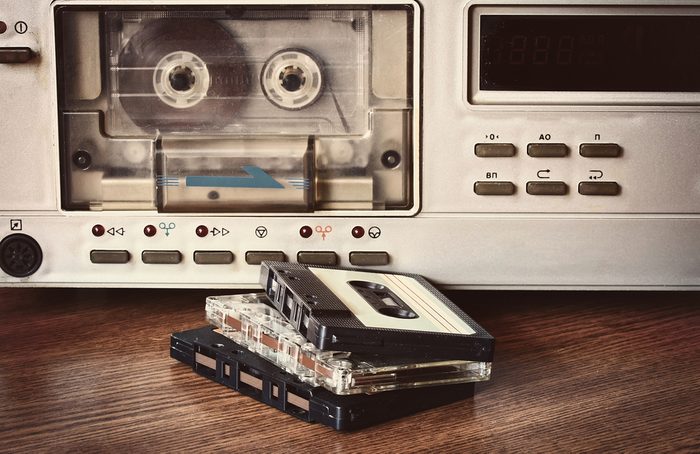 old retro cassette recorder stands on a table