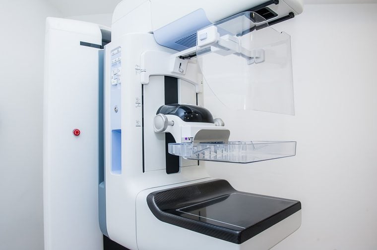 Mammography breast screening device in hospital laboratory of modern clinic. Selective focus