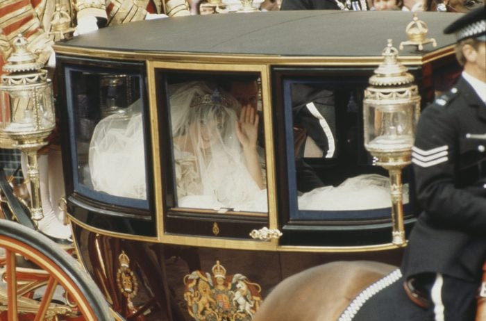 Lady Diana Spencer arrives in the royal coach for her wedding to Prince Charles at St Paul's Cathedral in London, 29th July 1981