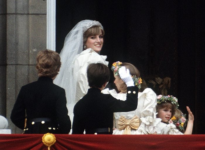 The Princess of Wales poses on the balcony of Buckingham Palace at her wedding