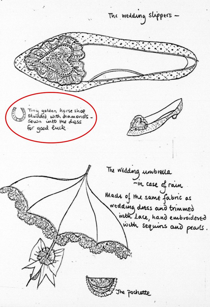 Sketches of accessories which will be worn or carried by Lady Diana Spencer during her wedding