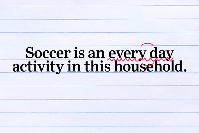 Text on lined paper: Soccer is an every day activity in thus household.