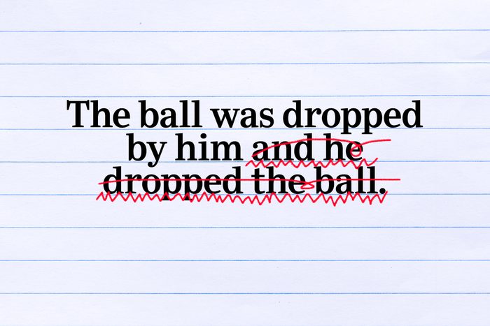 Text on lined paper: The ball was dropped by him and he dropped the ball.