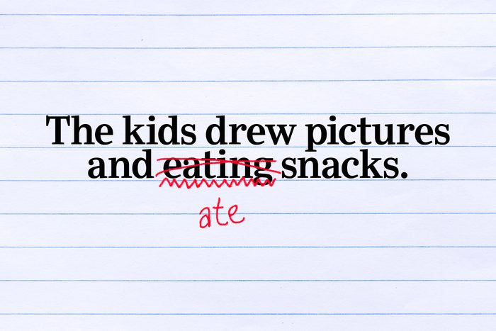 Text on lined paper: The kids drew pictures and eating snacks.