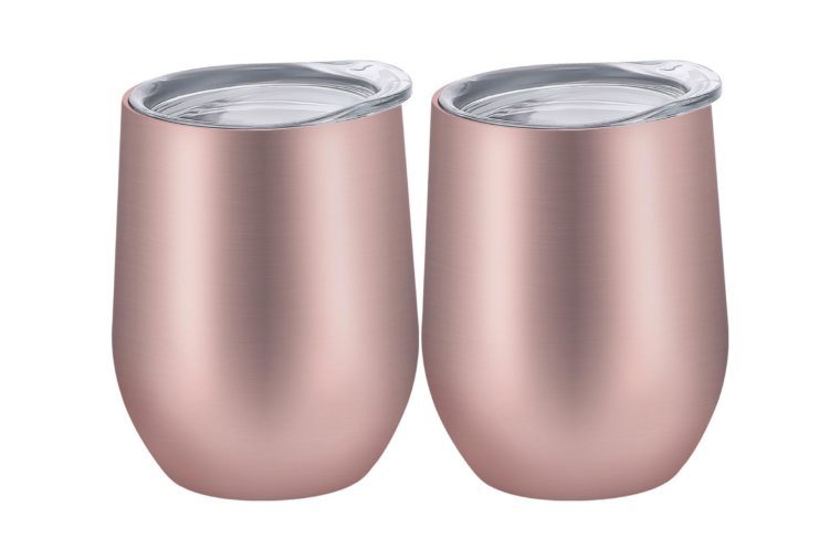 Skylety 12 oz Double-insulated Stemless Glass, Stainless Steel Tumbler Cup with Lids for Wine, Coffee, Drinks, Champagne, Cocktails, 2 Sets (Rose Gold)