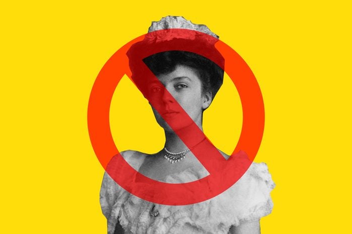 Alice Roovsevelt on yellow background with cancel sign over her face