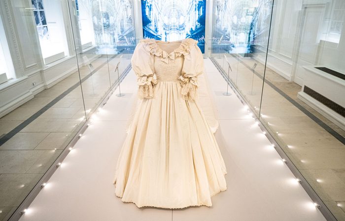 The wedding dress of Diana, Princess of Wales is displayed during the "Royal Style In The Making" exhibition photocall at Kensington Palace