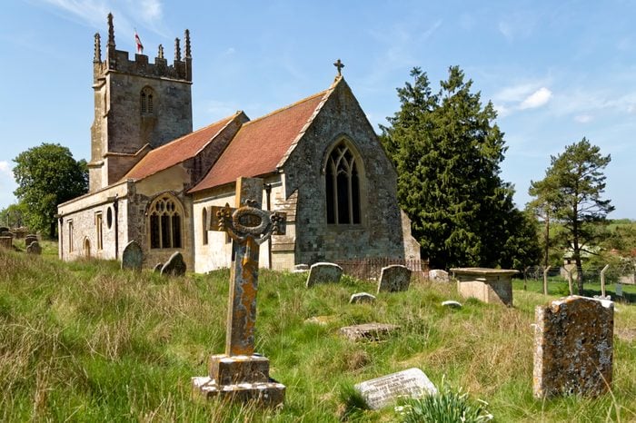 Salisbury Plain, Wiltshire, UK - April 23, 2011: Imber Church, the Church of St Giles, in the uninhabited village of Imber