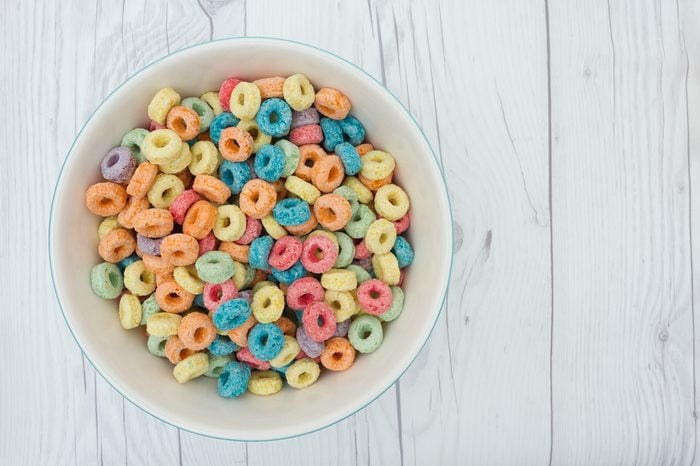 Bowl of Cereal, Colorful cereal in a bowl on weathered wood
