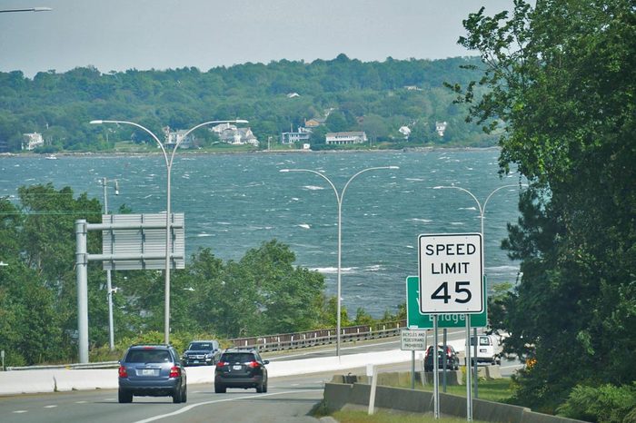 JAMESTOWN, RHODE ISLAND—SEPTEMBER 2017: Speed limit sign for cars traveling across Jamestown Verrazzano Bridge to Narragansett and North Kingstown.