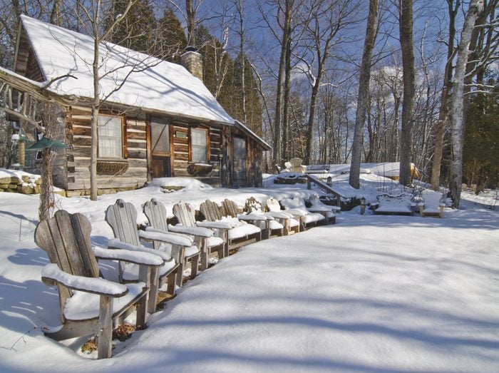 Mertha's Cabin and Emma's Chairs sit waiting in winter for classes to begin again in Spring at the Folk School in Ellison Bay, Door County, Wisconsin