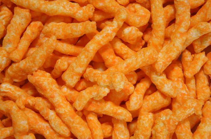 A closeup view of crunchy cheese snacks