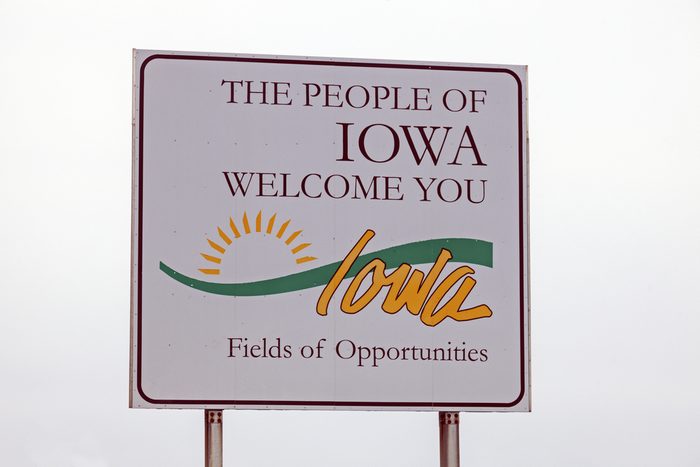 Welcome to Iowa sign seen against the clouds. Iowa, USA. 