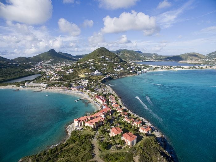 High Aerial view of the island of St. Maarten on a sunny day