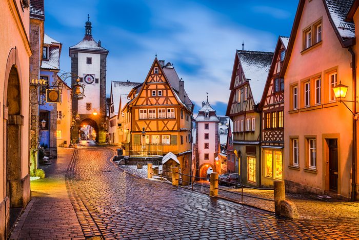 Medieval town of Rothenburg ob der Tauber at night, Germany