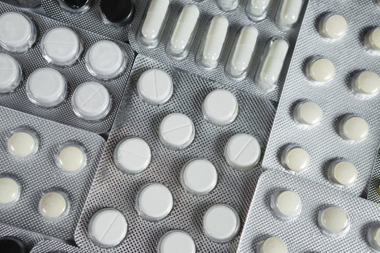 Pharmaceuticals antibiotics pills medicine. colorful antibacterials pills on white background. capsule pill medicine