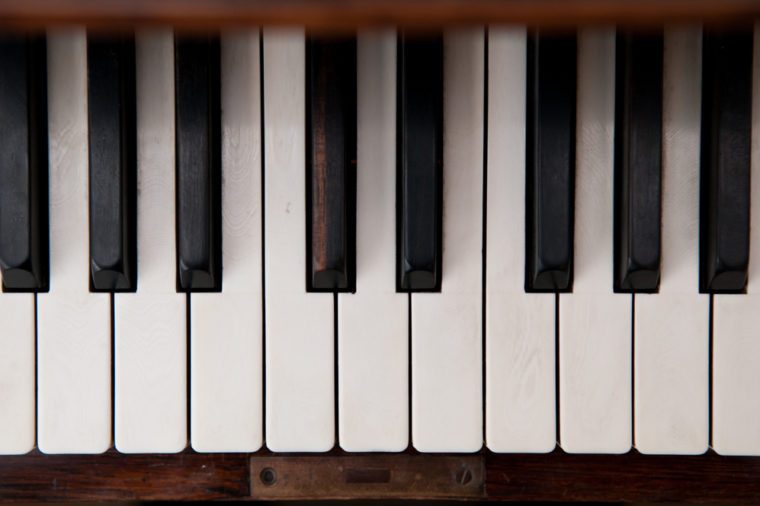 Piano keys close up with black and white keyboard