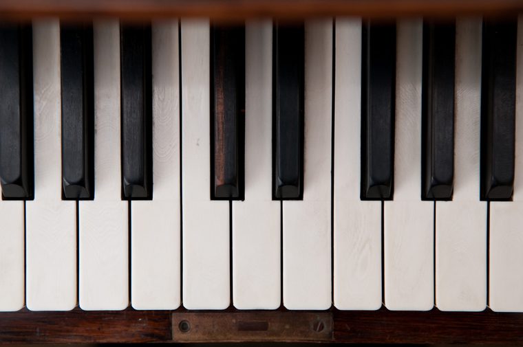 Piano keys close up with black and white keyboard