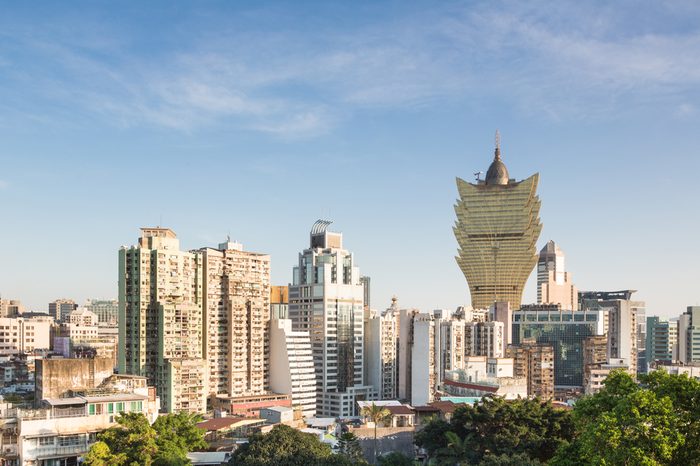 Macau island has a very high population density reflected in the very crowded residential area mixed with casinos and office towers