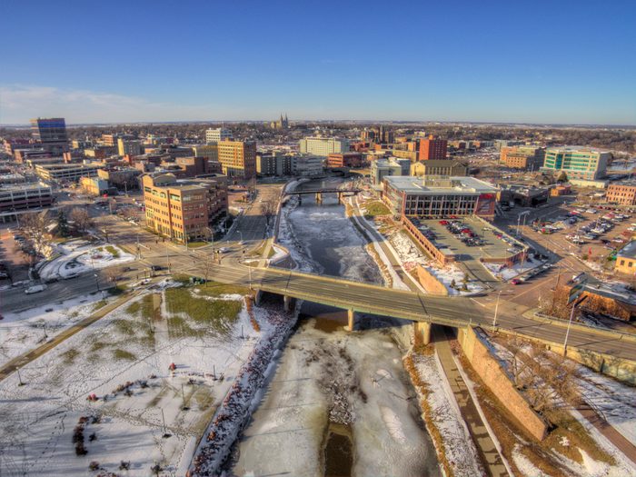 Downtown Sioux Falls, South Dakota during Winter via Drone