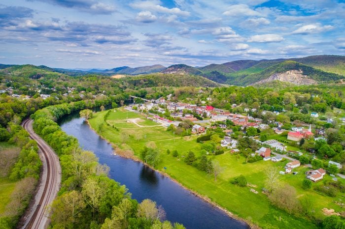 Aerial view of the James River and mountain landscape surrounding Buchanan, Virginia.