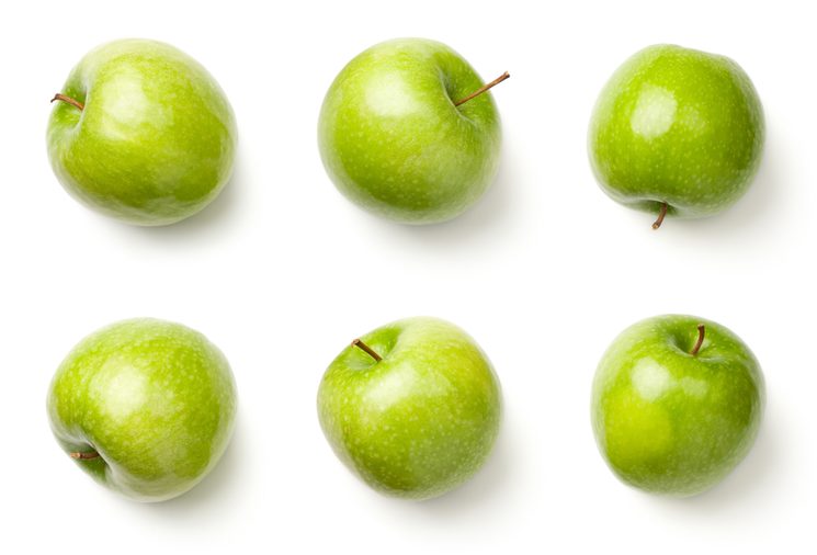 Green apples isolated on white background. Granny smith apples. Top view