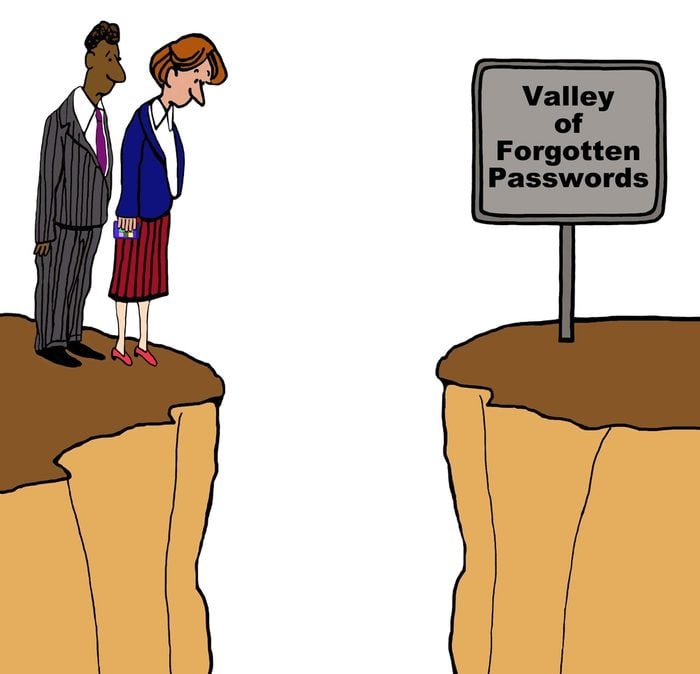 Business and technology cartoon of two businesspeople standing on a cliff and a sign that reads, 'valley of forgotten passwords'.