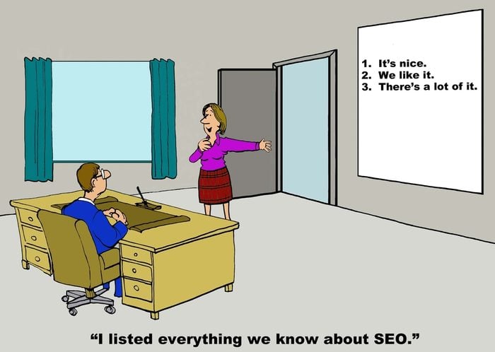 Business cartoon of businesswoman saying, 'I listed everything we know about SEO' 'It's nice, we like it, there's a lot of it'.