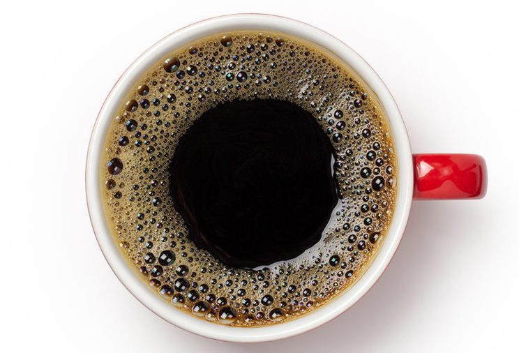 coffee cup, top view of coffee black in red ceramic cup isolated on white background. with clipping path.