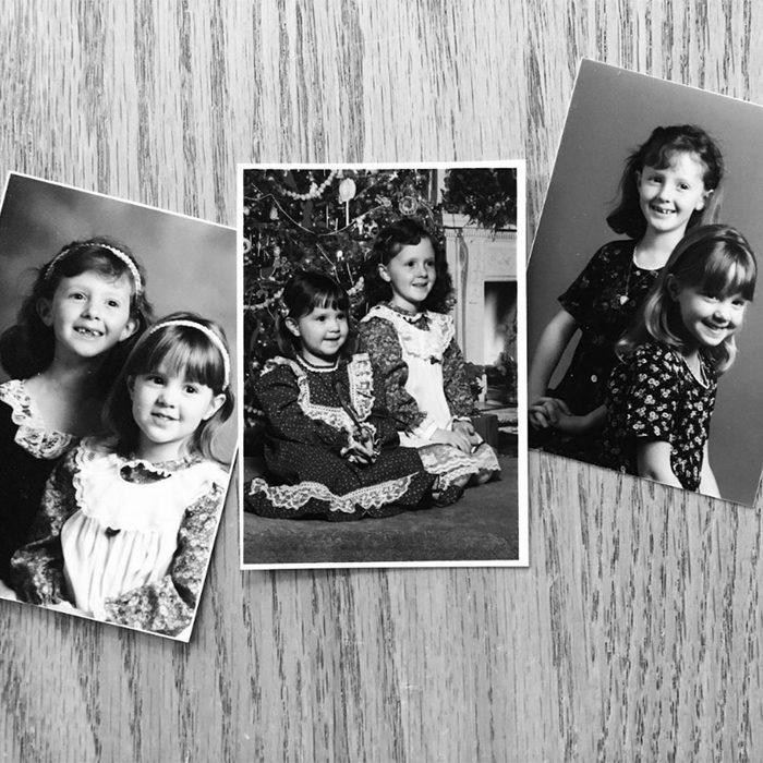 Black and white photos of siblings in matching clothing