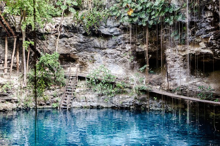 Cenote with transparent water in Mexico, Riviera Maya 