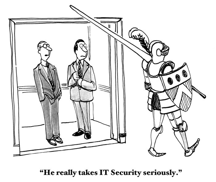 Technology and business cartoon showing two men looking at a knight in armor, 'He really takes IT Security seriously'.