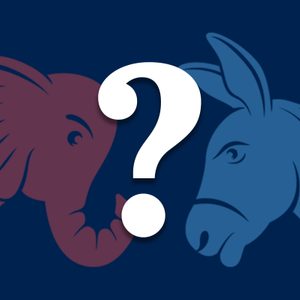 two American political party symbols facing each other with a white question mark in the middle