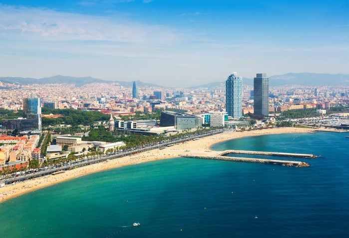 aerial view of Barcelona from Mediterranean. Barceloneta beach and Port Olimpic