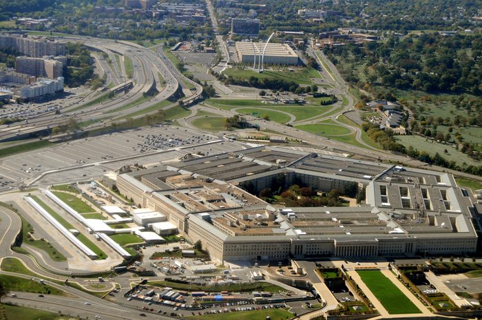 Aerial of the Pentagon, the Department of Defense headquarters in Arlington, Virginia, near Washington DC