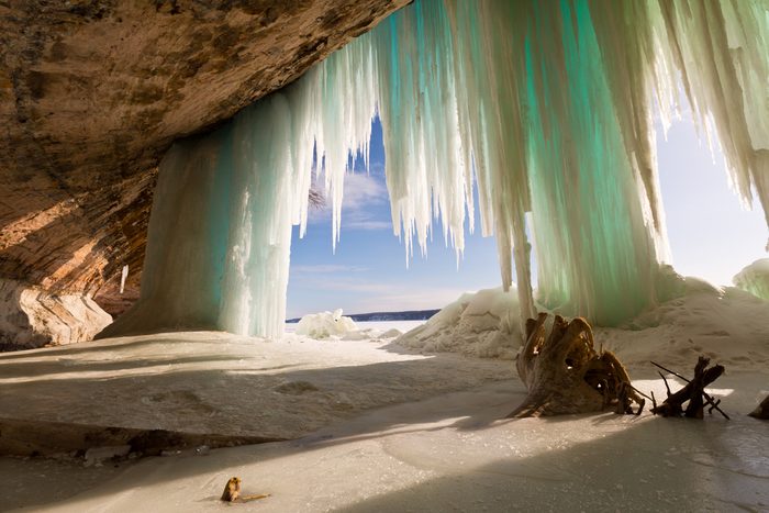 Grand Island ice curtains on Lake Superior, near Pictured Rocks National Lakeshore in Munising Michigan