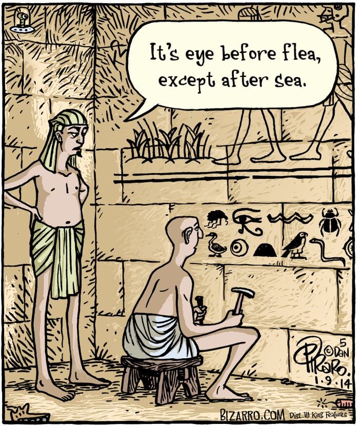 two men debating the grammar of heiroglyphics; text "Its eye before flea, except after sea."