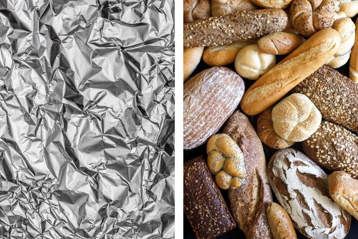 Aluminum foil texture next to variety of bread