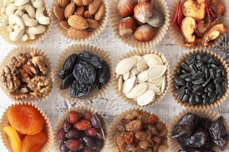 Variety of 12 assorted nuts and dried fruits