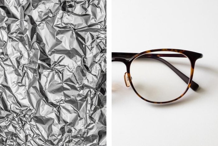 Aluminum foil texture next to reading glasses