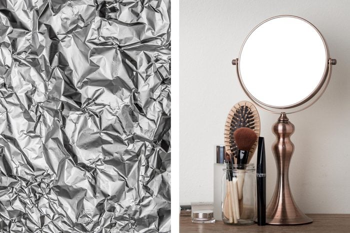 Aluminum foil texture next to makeup and vanity mirror